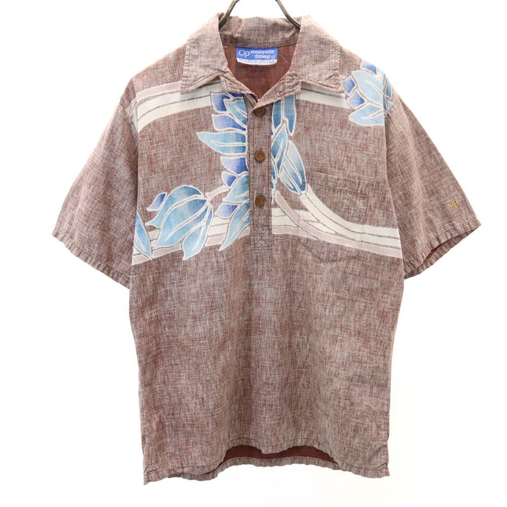 オーシャンパシフィック 80s ヴィンテージ リバースプリント 半袖 ハーフボタン オープンカラーシャツ L ブラウン系 ocean pacific sunwear メンズ 古着 【240508】