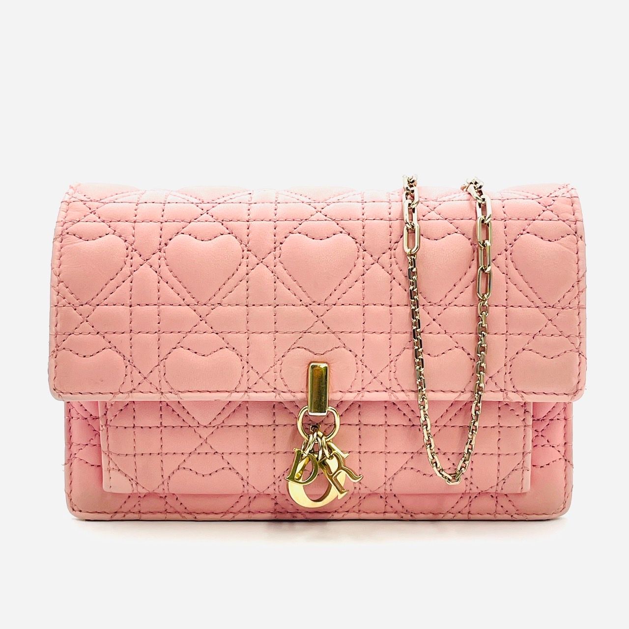 ディオール DIOR カナージュ レザー チェーン ウォレット ピンク ロゴ WOC ショルダーバッグ 7-3-297