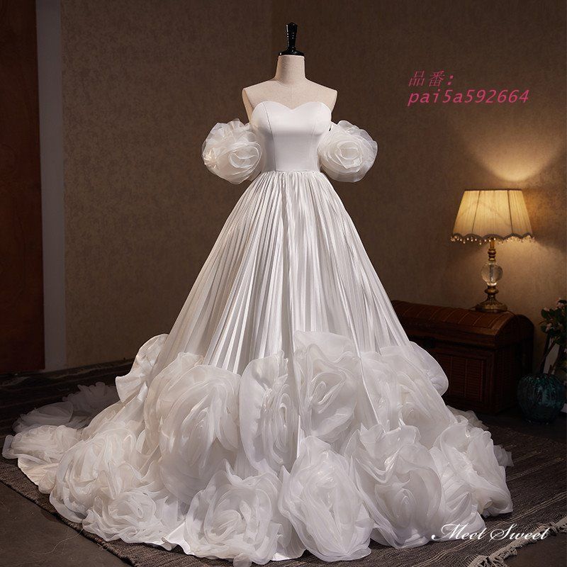 ウェディングドレス 2点セット つけ袖 ロングドレス プリンセスドレス ビスチェ 結婚式 花嫁 前撮り 二次会 フラワー ウエディングドレス Aラインドレス pai5a592664