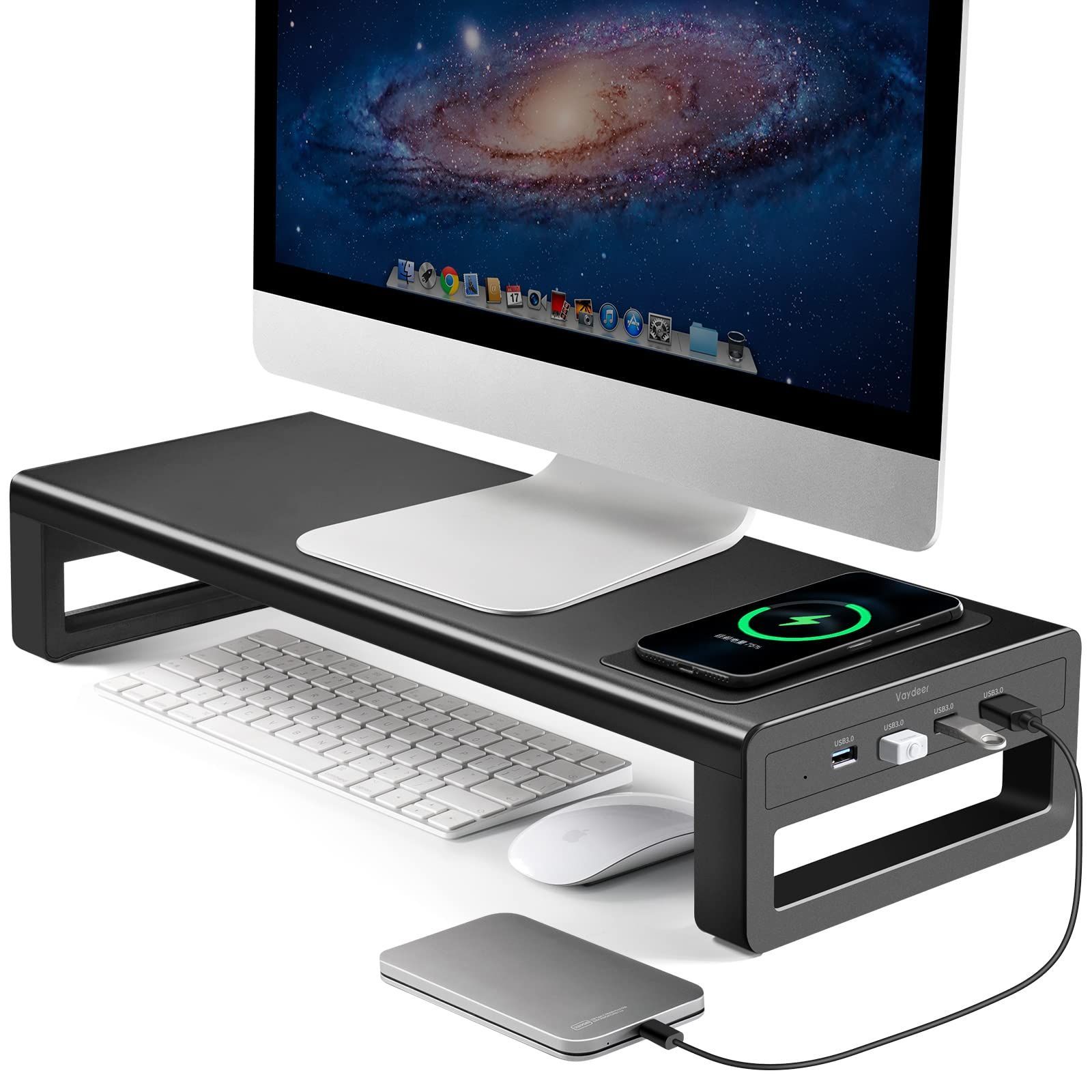 数量 モニター台 USB VAYDEER 3.0 ディスプレイ スタンド ワイヤレス充電機能 パソコン 机上台 卓上 高速データ転送 キーボード収納 プリンタ 金属製 ブラック 幅54cm