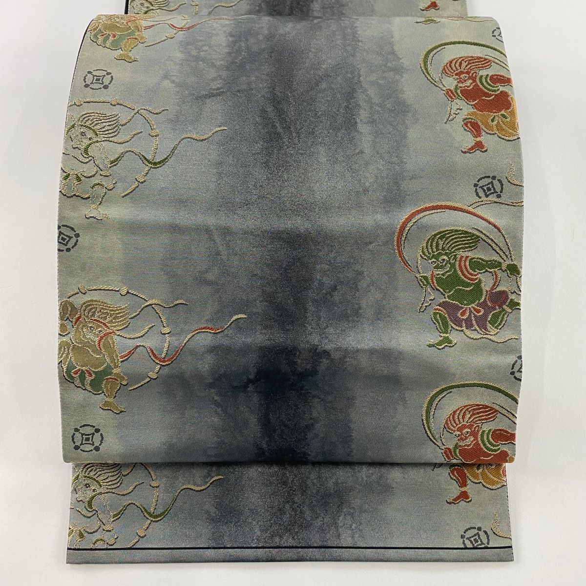 袋帯 風神雷神 箔 灰緑 六通 正絹
