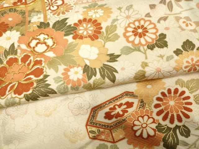 平和屋着物▽訪問着 単衣 駒刺繍 貝桶草花文 暈し染め 金彩 正絹 逸品