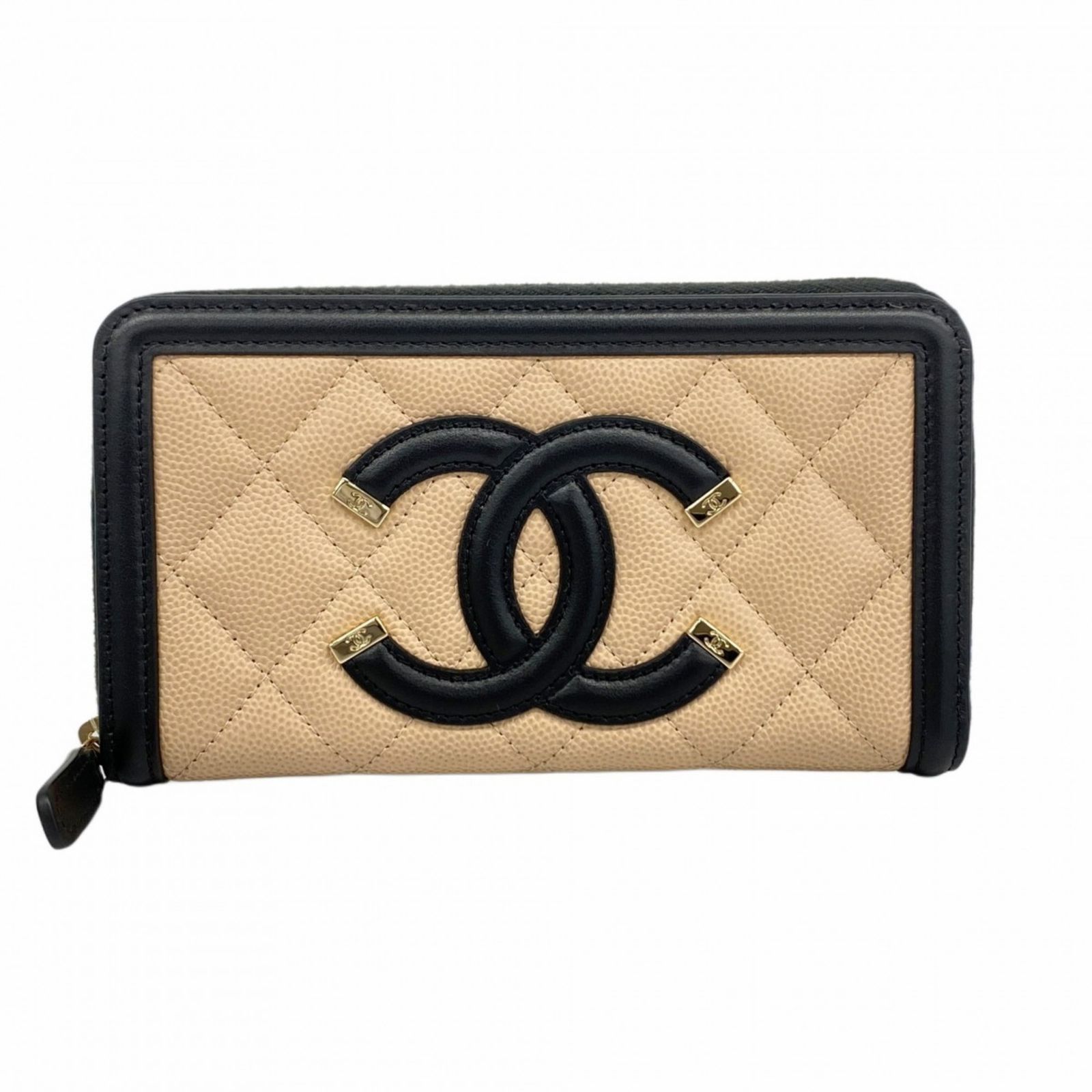 シャネル Chanel シャネル 財布 CCフィリグリー キャビアスキン ベージュ ブラック シャンパンレディース