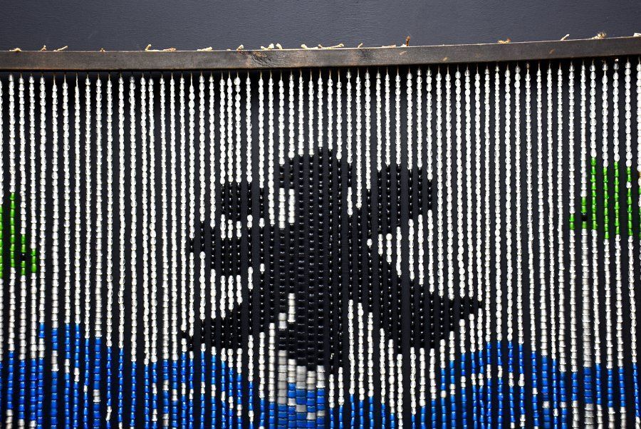 蔵A5593b レトロ ガラスビーズ暖簾 波千鳥の氷 古硝子 大正～昭和初期