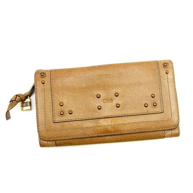 クロエ 長財布 ファスナー付き長財布 カデナチャーム付き スタッズ ブラウン×ゴールド系 レザー Chloe 長サイフ サイフ 収納 財布 ユニセックス 小物  T189