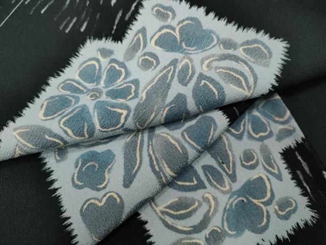 平和屋着物▽小紋 単衣 色紙草花文 黒地 洗える着物 未使用 CAAV3190ut  