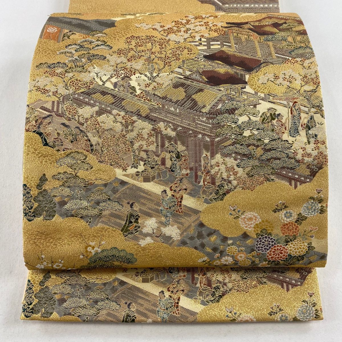 406my157◇黄金ムガ 洋風 小花 花唐草 金糸 六通 袋帯◇美品 袋帯 美品 秀品 唐花彩華文 金糸 箔 金色 六通 正絹 【中古