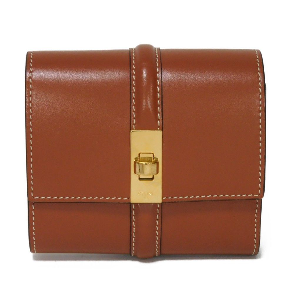 CELINE セリーヌ スモール トリフォールドウォレット 16 現行 カーフ ブラウン ターンロック 札入れ カードケース コインケース セーズ タン 三つ折り財布 10F523CQ7.04LU
