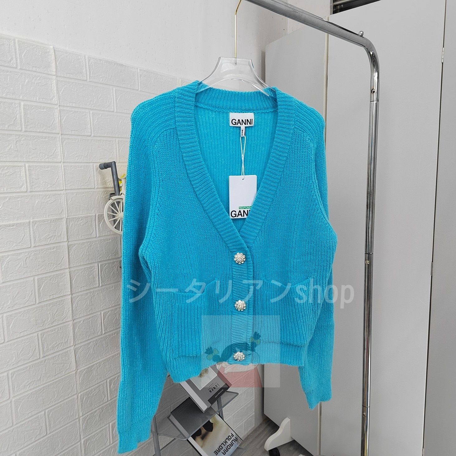 ? GANNI刺繍ストライプアルパカ毛混紡レトロニットカーディガン薄手 