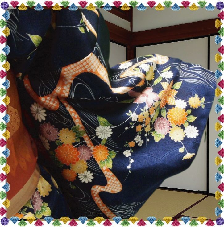 洗える着物】藍色に流水百花模様の着物 - メルカリ