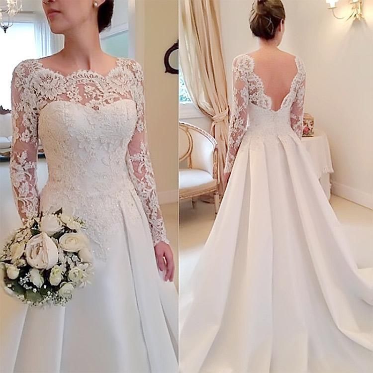 ウェディングドレス レース サテン キレイめ 袖あり 長袖 結婚式ドレス 二次会ドレス 花嫁ドレス 白 ホワイトドレス Aライン シンプル 海外挙式  hab