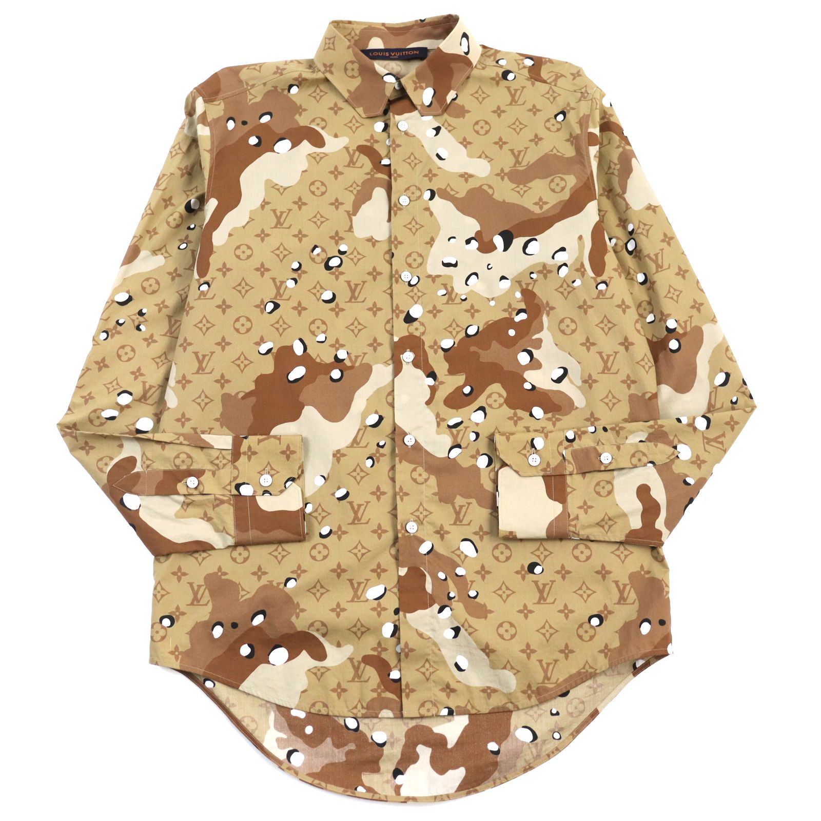 美品LOUIS VUITTON ルイヴィトン HIS07W コットン100% カモDNAオセアンモノグラム レギュラーフィット 長袖シャツ ブラウン系 迷彩柄 M 箱付き イタリア製 正規品 メンズ