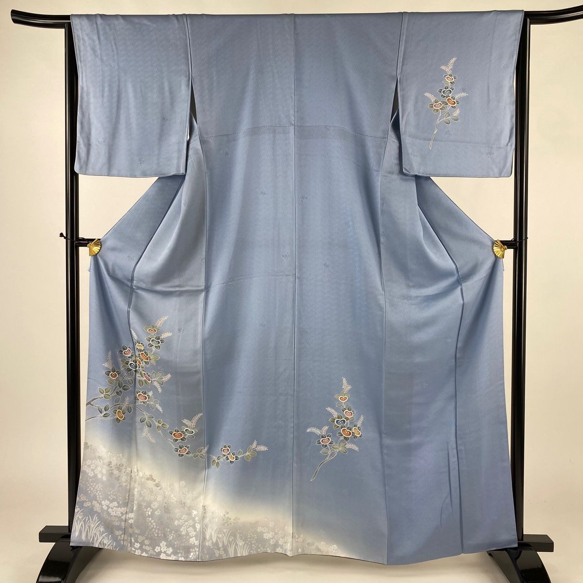 付け下げ 正絹 巻物と草花模様 深青地 身丈148cm K-1053 付け下げ 正絹 巻物と草花模様 深青地 身丈148cm K-1053