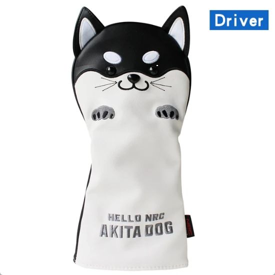 【 秋田犬 デザイン 】PUレザー 防水 ゴルフクラブ ヘッドカバー ドライバー用 ブラック * ホワイト　GI0034