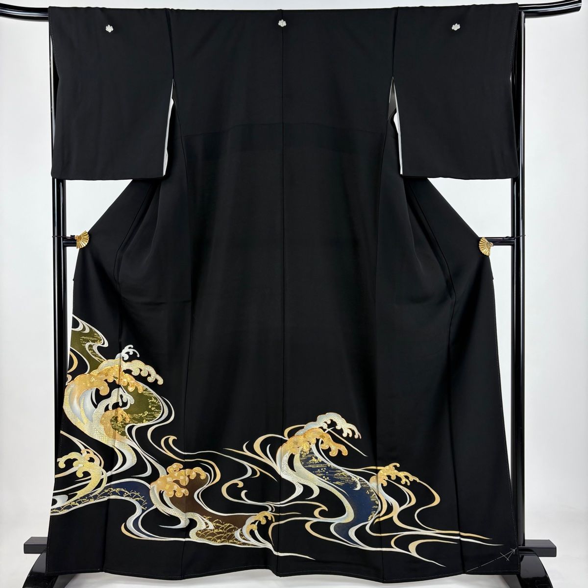 黒留袖 身丈164.5cm 裄丈66cm M 袷 千總 落款 波頭 雪芝 金銀彩 金銀彩 黒 正絹