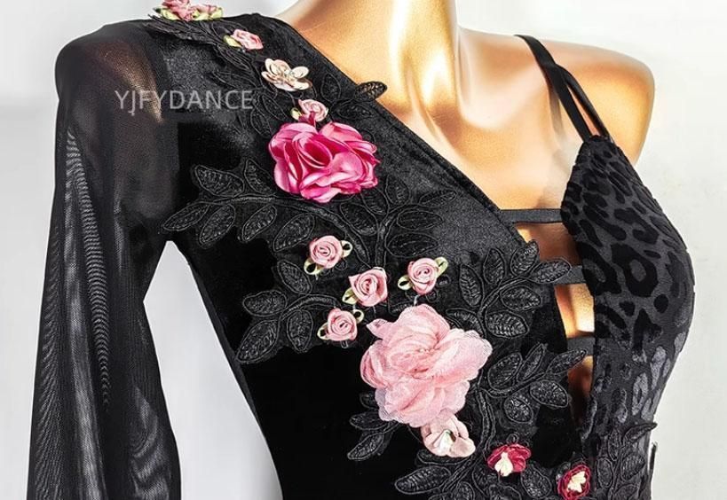 新着 社交ダンス衣装 立体刺繍 薔薇 ラテンドレス ラテンワンピース 社交ダンス