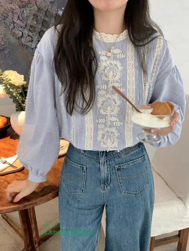 ブラウス レディース 長袖 トップス ストライプブラウス 立ち襟 バルーンスリーブ トップス レース ブラウス 韓国 秋 ファッション フリル 春 am4a103461