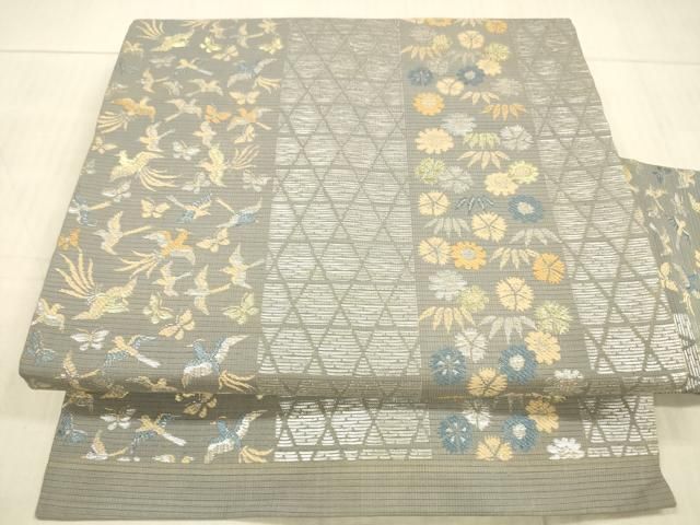 平和屋着物＊夏物 アンティーク 大正ロマン 九寸名古屋帯 笹の葉花文 舞蝶飛鳥文 銀糸 正絹 DAAX8884cm