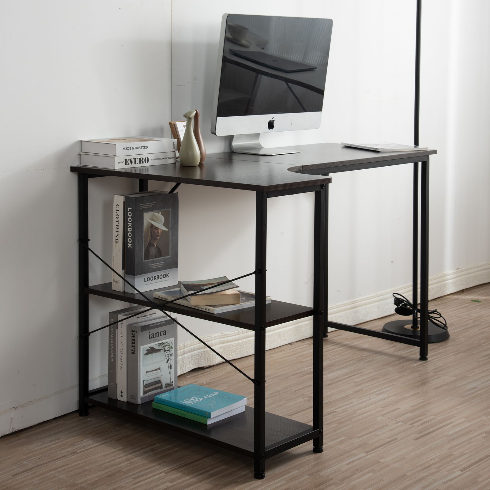 ブラック】パソコンデスクL字120cm3段ラック付ハイデスク付き デスク