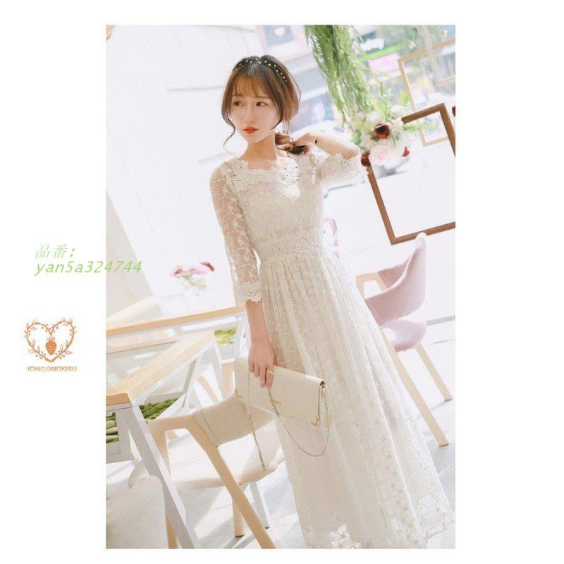 マキシワンピ 春長袖ワンピース 秋ワンピース レディースワンピース 白ワンピース 総レース ロングワンピース ホワイト パーティードレス 大人可愛い 謝恩会 yan5a324744