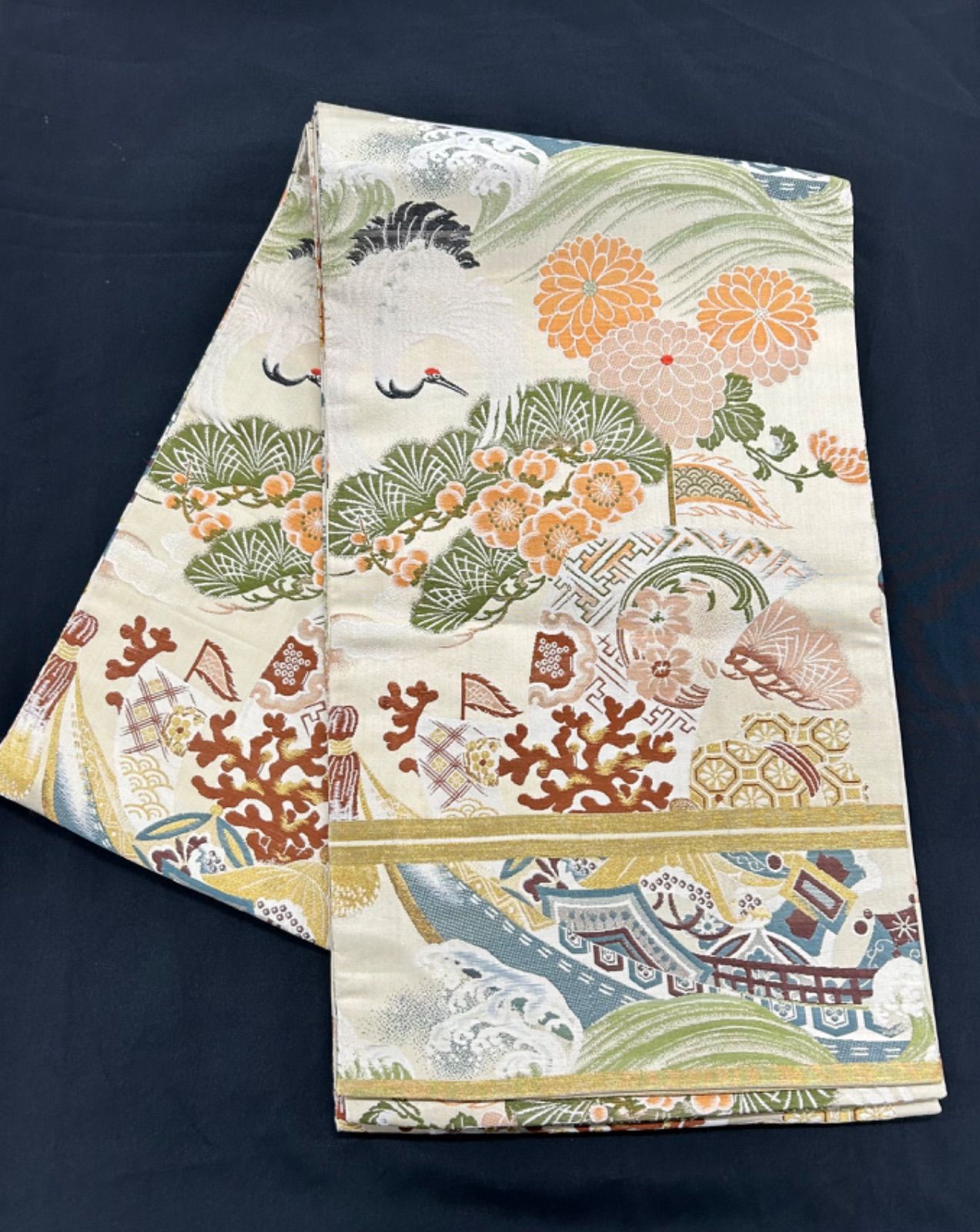 るんるん 宝船鶴梅菊松のおめでたい柄の丸帯 OB-92 生成り色 御納戸色 水色系 緑