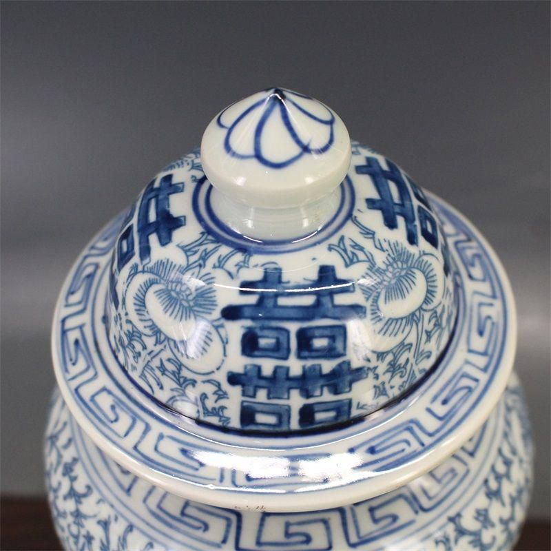 清青花双喜纏枝紋将軍蓋缶 景徳鎮 陶磁器 装飾品 現代工芸品