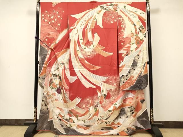 m537＊正絹 尾長鳥 刺繍 束ね熨斗 和楽器 着物 成人式 振袖単品 m537＊正絹 尾長鳥 刺繍 束ね熨斗 和楽器 着物 成人式 振袖単品