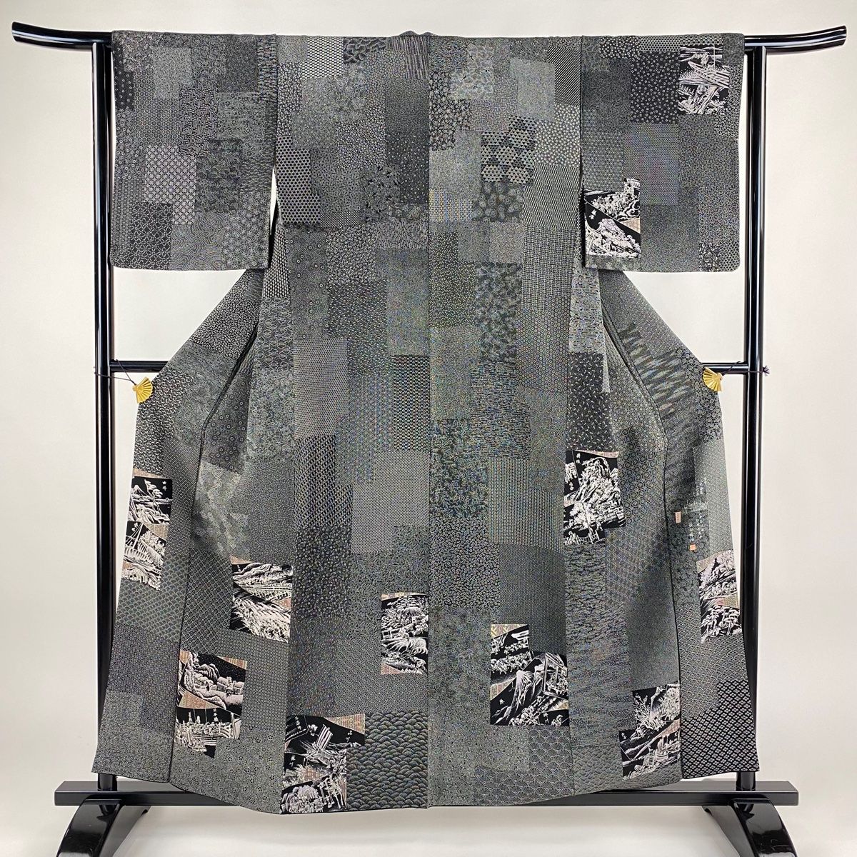 付下げ 身丈157.5cm 裄丈63cm S 袷 落款 風景 江戸小紋柄 墨色 正絹 名品