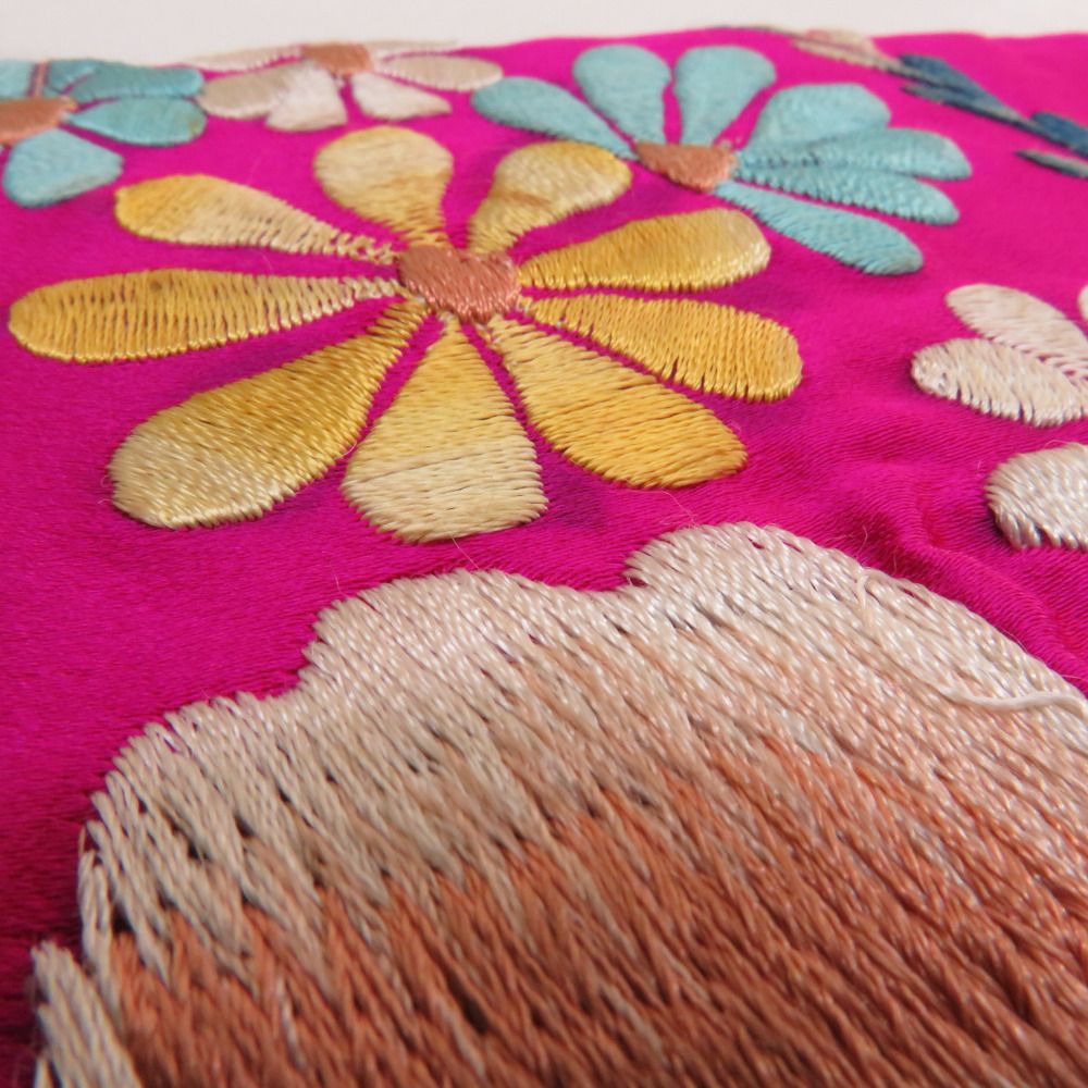 半幅帯 アンティーク 絹 日本刺繍 希少 花柄 ピンクxベージュx青