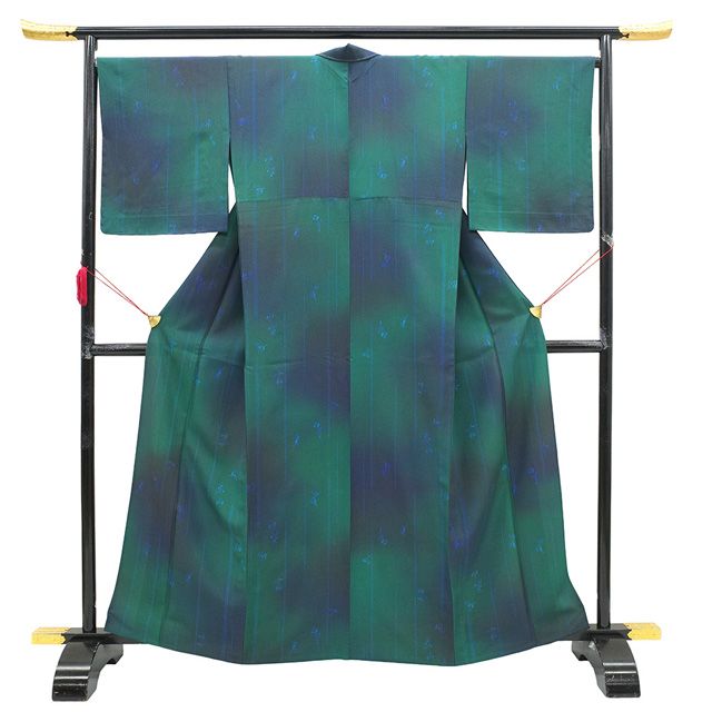 新古品 小紋 単衣 着物 正絹 春 秋 ARAGA-Co. 緑 紺紫 ぼかし 草花 カジュアル 着物 単衣 居敷当仕立て ガード加工済み 仕立て上がり 身丈165 裄丈67 Lサイズ みやがわ sb16459