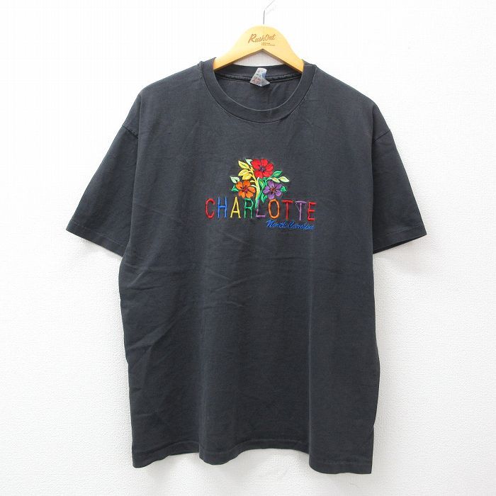 XL/古着 ヘインズ 半袖 ビンテージ Tシャツ メンズ 90s 花 刺繍 大きいサイズ コットン クルーネック 黒 ブラック 24apr16 中古