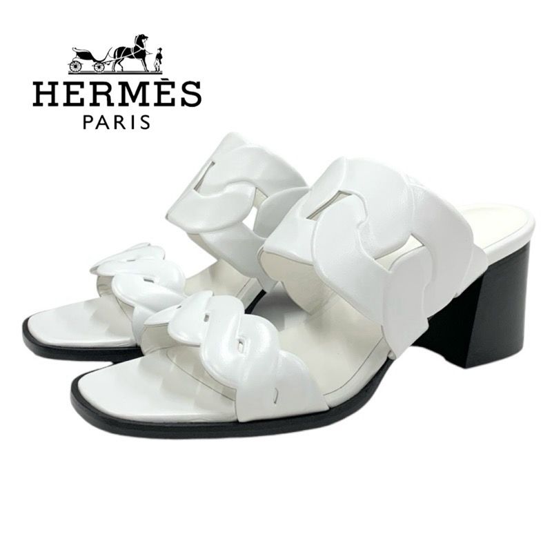 エルメス HERMES ギャビー サンダル 靴 シューズ レザー ホワイト 白 ミュール