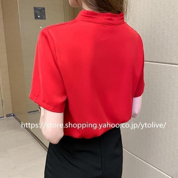ブラウス シフォン シャツ スキッパー リボン トップス 半袖 レディース 春夏 オフィス 配色ボウタイブラウス ブラウス シフォン シャツ スキッパー リボン トップス 半袖