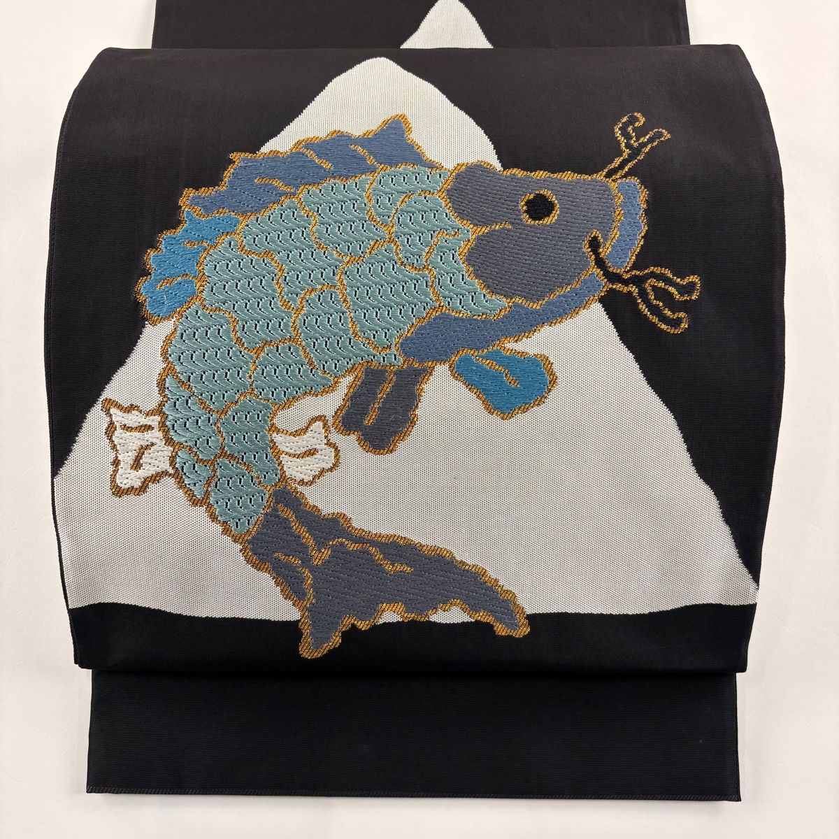 袋帯 美品 秀品 関西仕立て 魚 唐織 金糸 黒 お太鼓柄 正絹