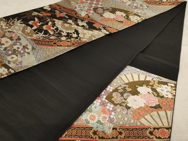 平和屋着物◎六通柄袋帯 扇面花鳥文 珀綾錦 本金二重箔 金糸