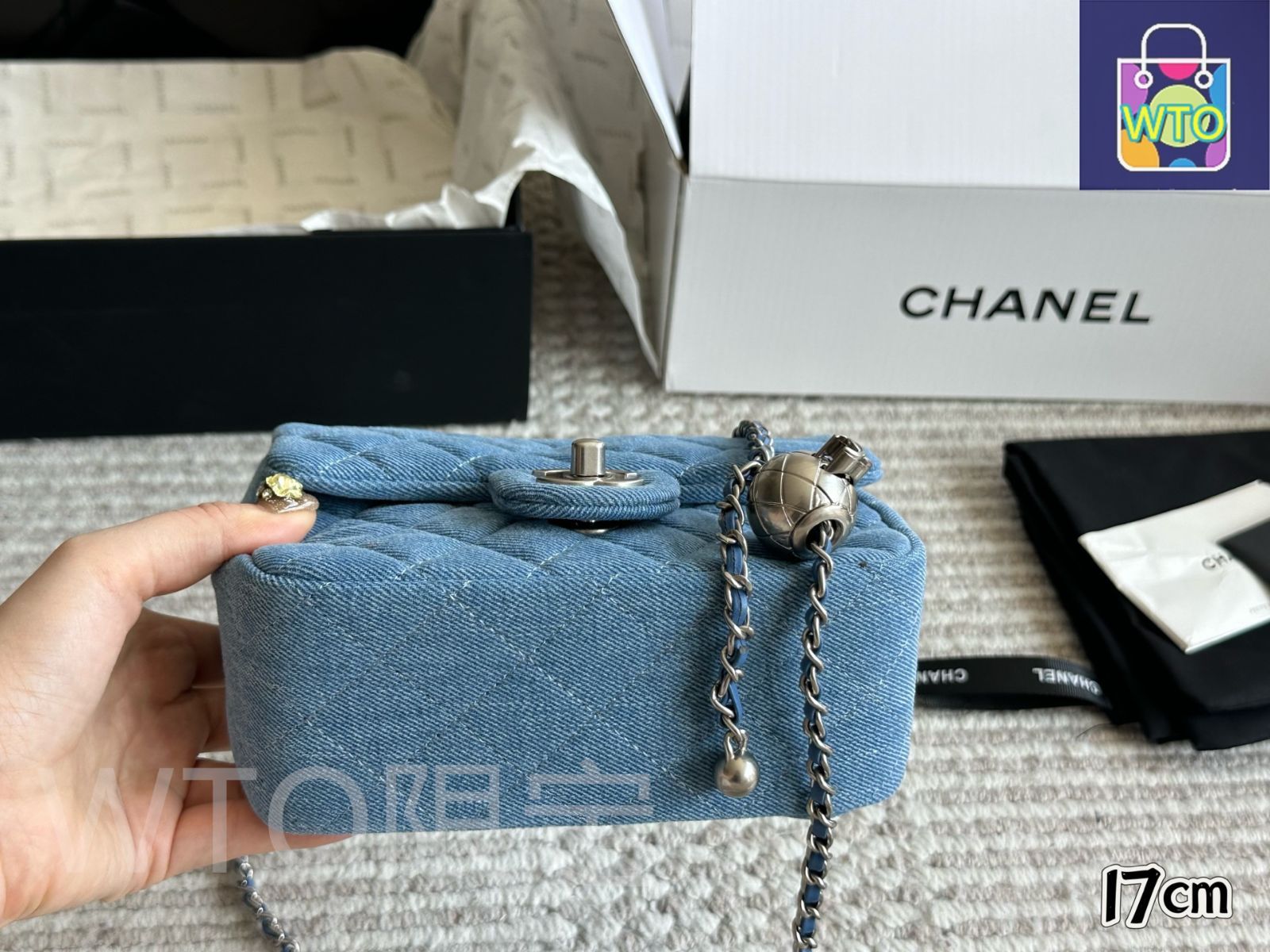 未使用品 今日 Chanel Denim G en Ball Square Flap 17×13cm シャネル デニム ゴールデンボール スクエアフラップ 17×13cm-WTO輸入2 【限定解除】