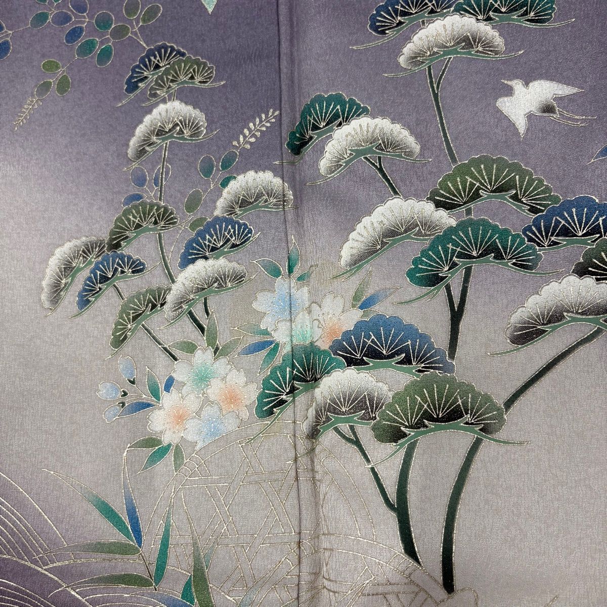 バイセル 着物 美品 名品 袋帯 クリーム 辻が花波うさぎと千鳥 草花 金糸 銀糸 やまと 六通 正絹 ☆☆☆☆ 袋帯 美品 逸品 川島織物 落款あり 振袖向き 鳳凰 松竹 金糸