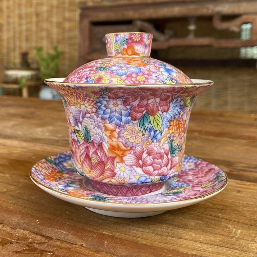 中国茶器 景徳鎮 青花釉里紅竜紋三才蓋碗 茶杯 新品未使用 青花釉里紅竜紋蓋碗 湯呑 蓋付 茶器 陶磁器 現代工芸品 美術品