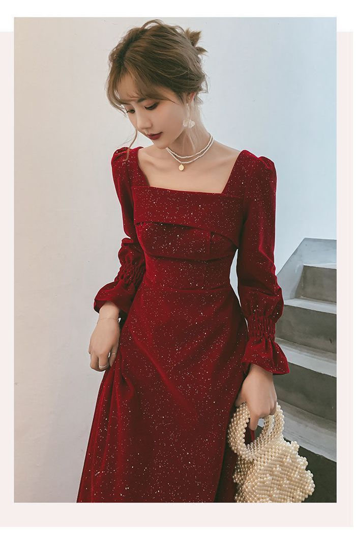 新品 レディース ロングワンピース 袖付き ワインレッド スクエア  