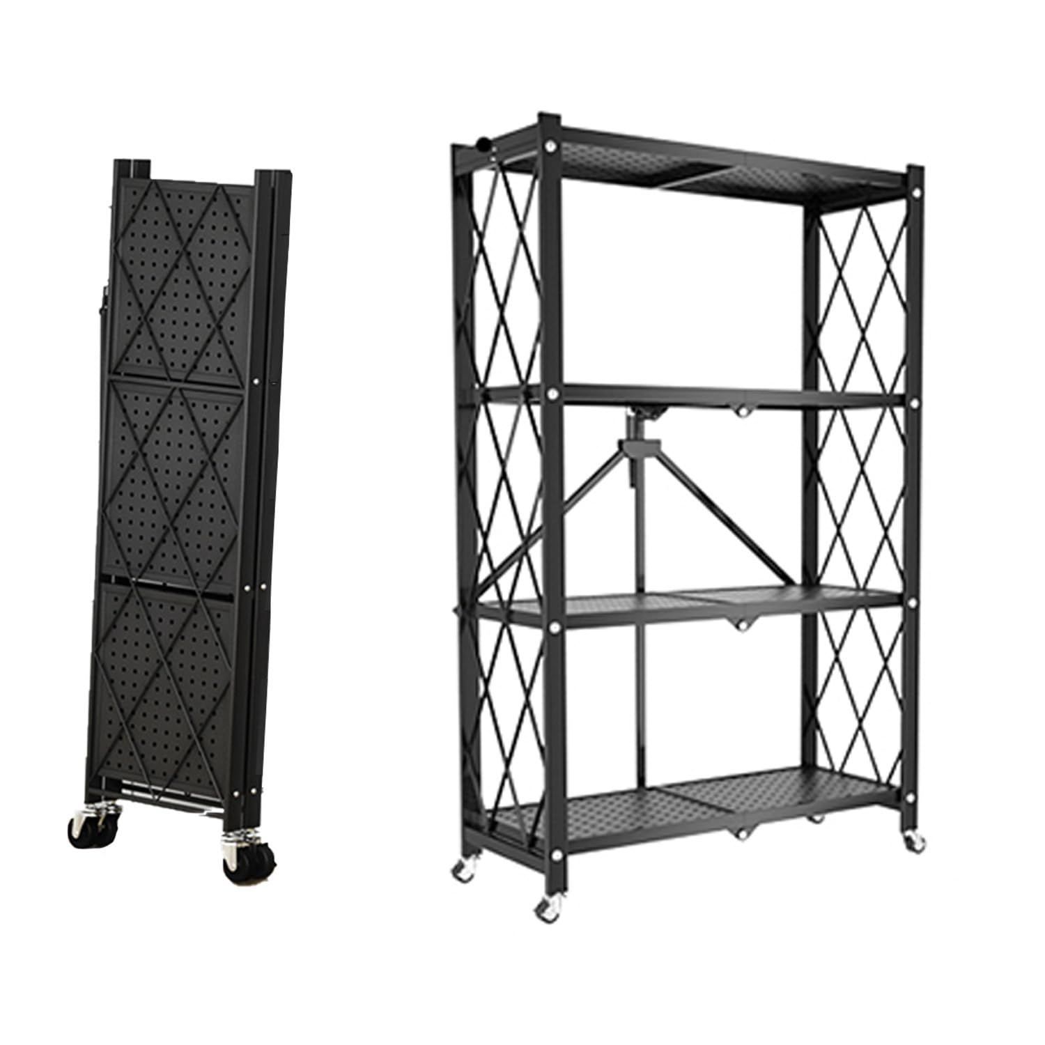 キャスター付き 収納 スチールキッチンラック 本体完成品|キャスターを付けるだけ 食器棚 オープンラック 組立簡単 レンジ台 防サビ加工 折り畳み 大容量 移動便利 ブラック メタルラック 4段