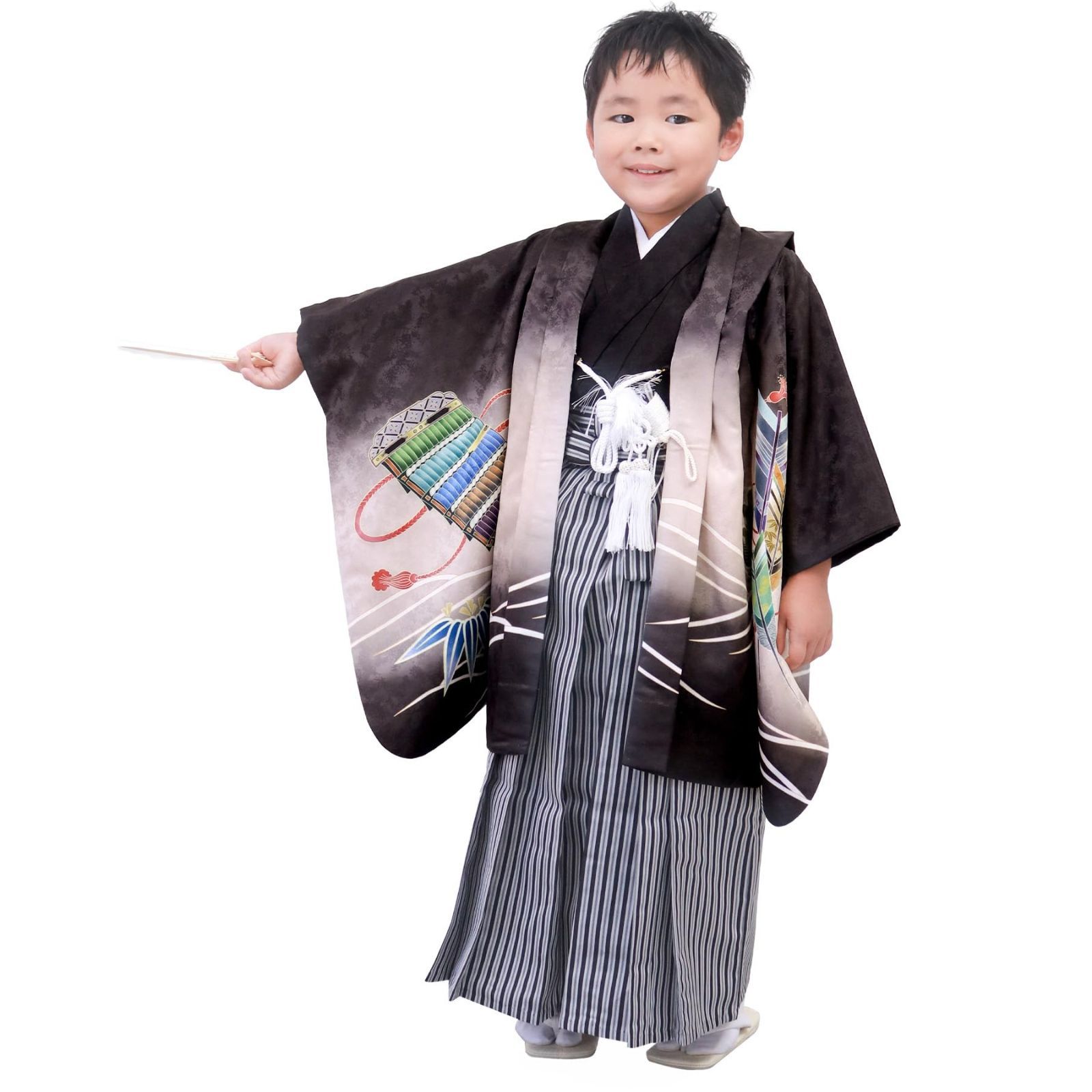 KYOETSU キョウエツ 七五三 男の子 5歳 着物 袴 セット 絵羽 13 兜-黒＋黒縞