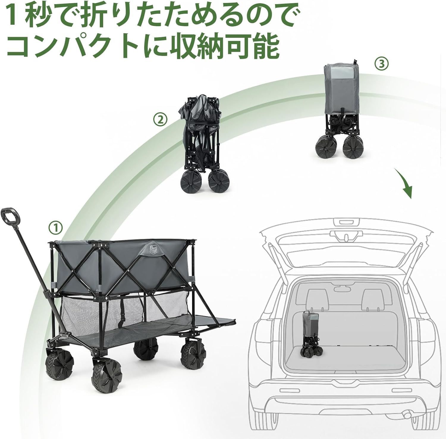 TIMBER RIDGE アウトドアワゴン 2階建てキャリーワゴン 折りたたみ キャリーカート 収束式 長物対応 全地形対応 自立収納 大容量 400L 耐荷重204kg アウトドアキャリー キャンプ グレー