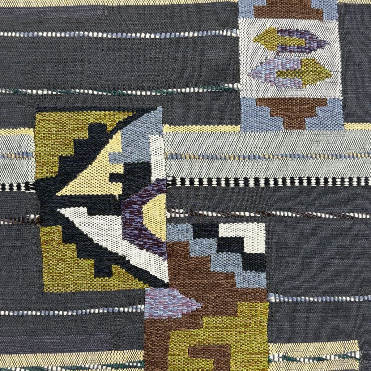 子育て 小紋 身丈162.5cm 裄丈67cm M 袷 袋帯セット 段縞 幾何学模様 絞り 灰緑 正絹 秀品