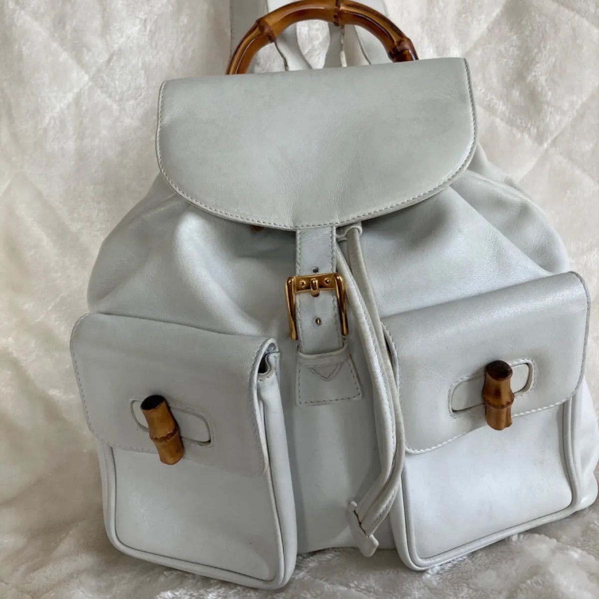 美品【GUCCI】オールドグッチ バンブー レザーリュック オフホワイト 