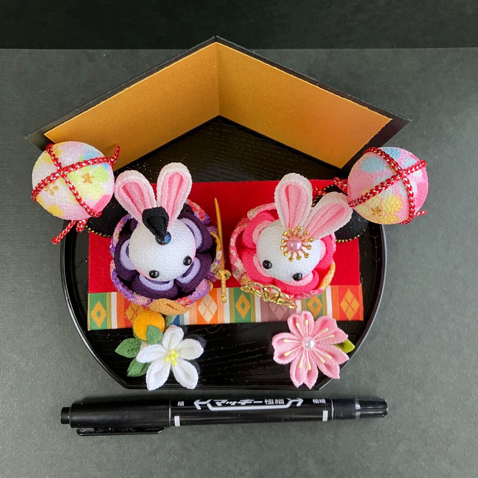 つまみ細工 ミニ うさぎのお雛様 うさぎ雛人形【ピンク 紫