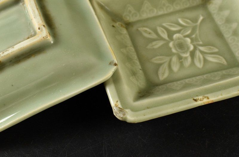 節約 【蔵A1316】三田青磁陽刻花図 小皿 角皿 六客