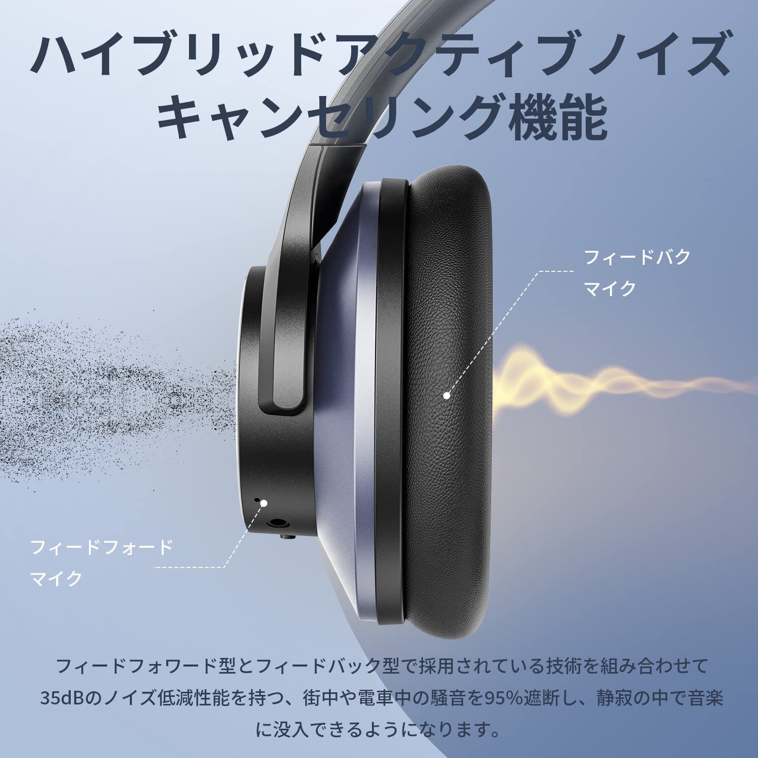 青色ヘッドフォン ノイズキャンセリング Bluetooth 折りたたみ式