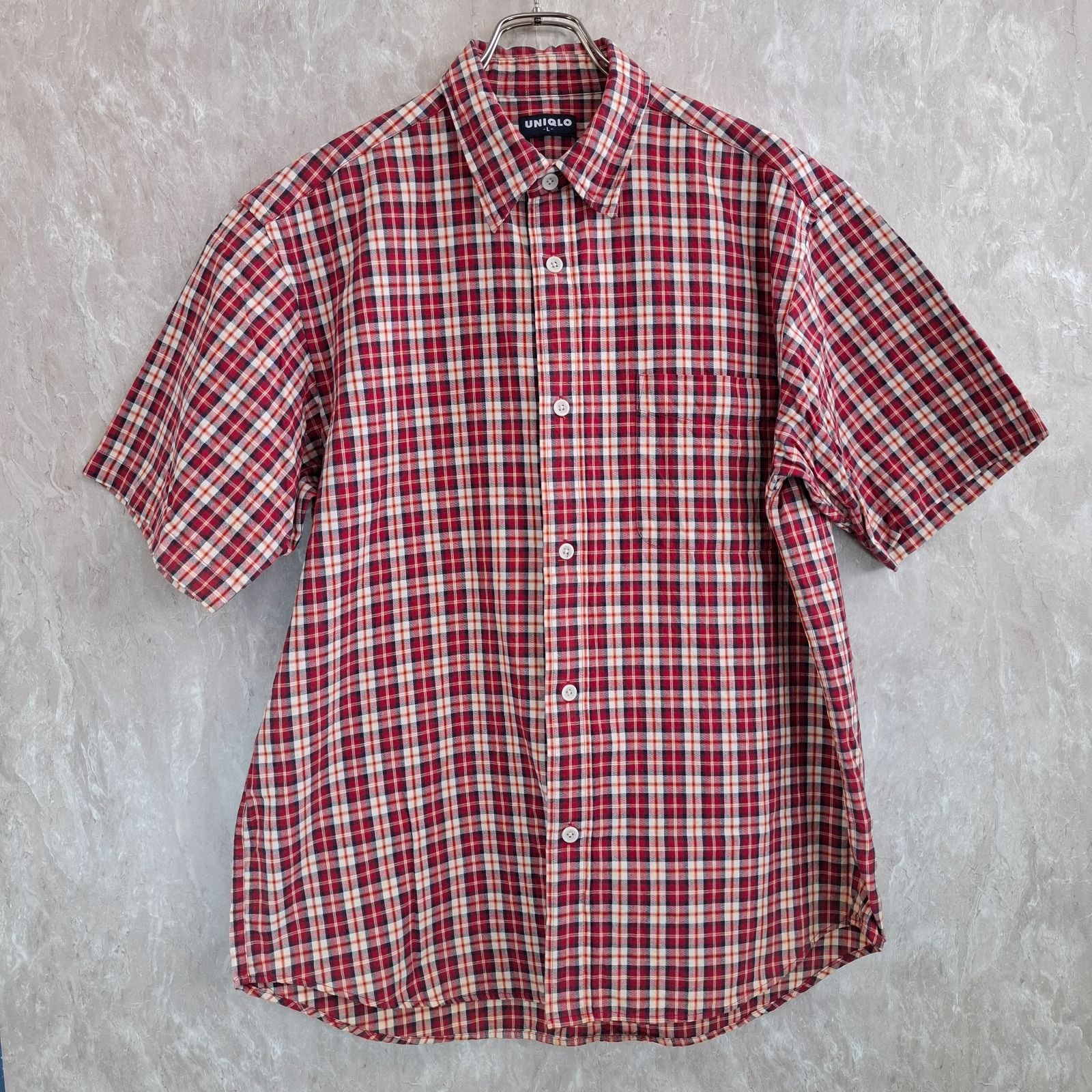 UNIQLO ユニクロ オーバーサイズ チェック 柄 胸ポケット ラウンドカット レッド 赤 ホワイト 白 L シャツ