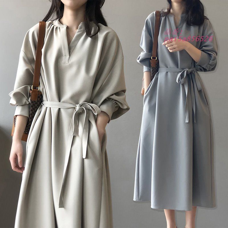 ワンピース 春秋 きれいめ オフィススタイル 長袖 Vネック ベルト付き 体型カバー 30代 仕事 フォーマル レディース 無地 母 ロングワンピース ミモレ丈 ミセス pai5a856526