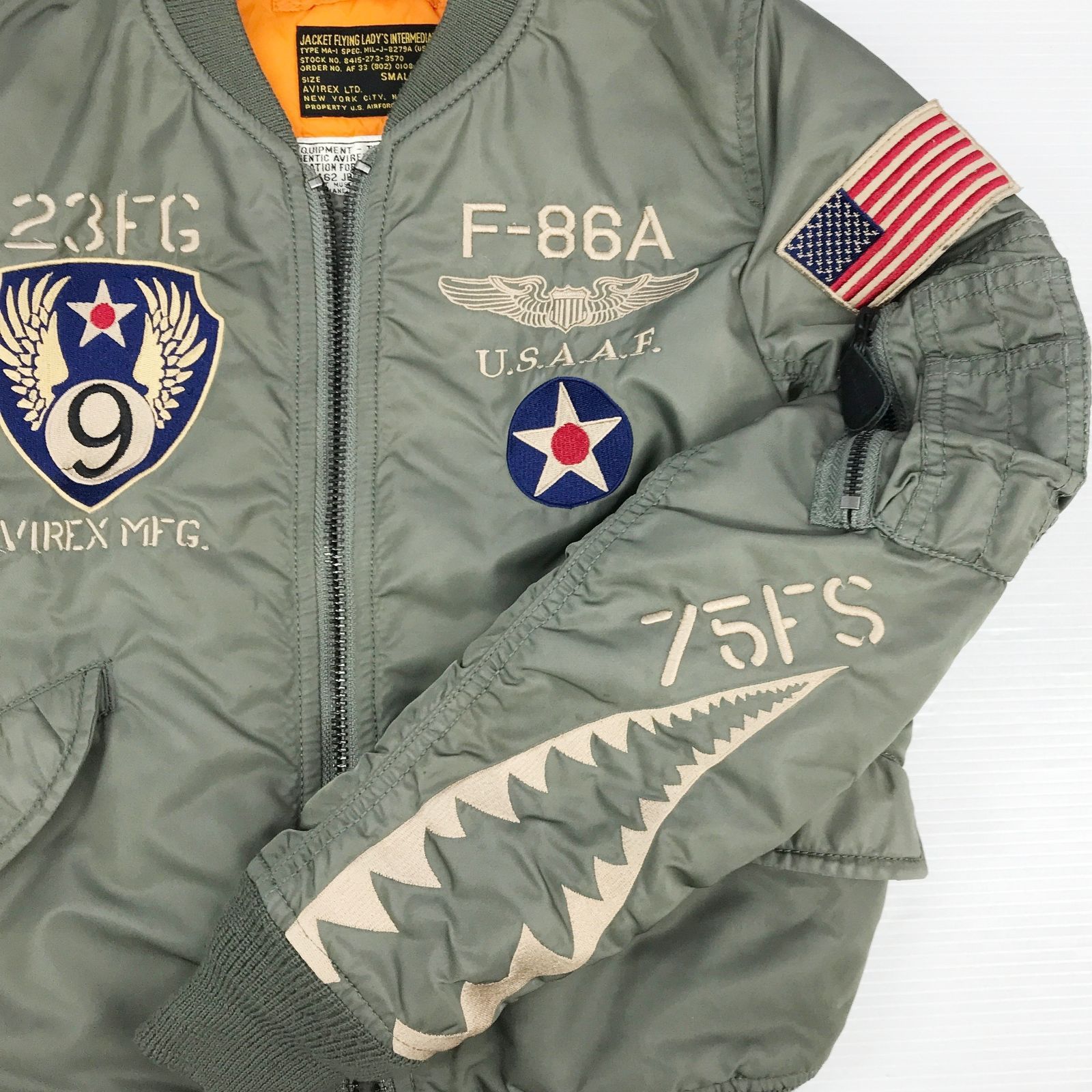 AVIREX アヴィレックス MA-1 フライングシャーク フライトジャケット ミリタリージャケット S カーキ オリーブ グリーン 緑 刺繍 レディース GULLKHAN_COM